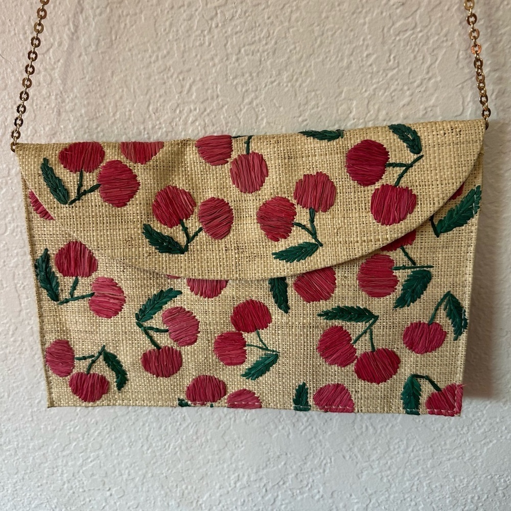 Kayu Hand Embroidered Envelope Cherry Patterned Tan Clutch Bag - Picture 2 of 7